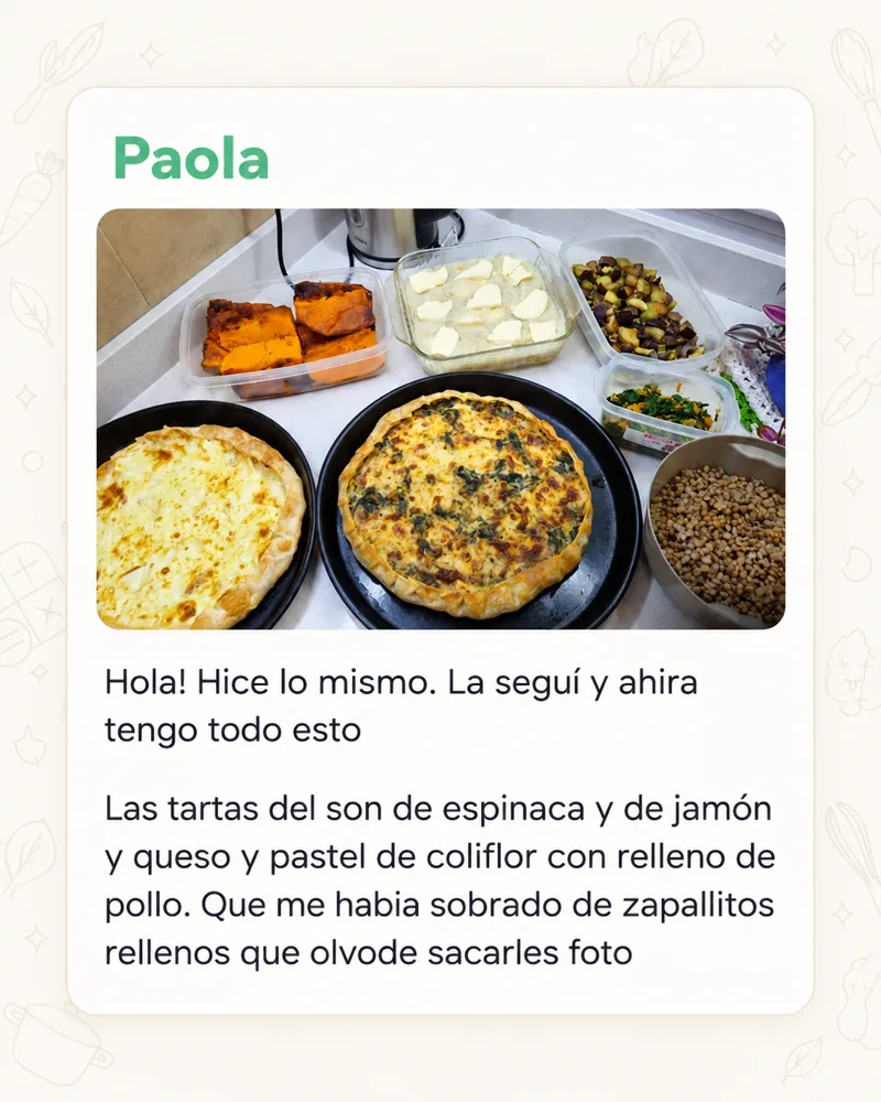 Testimonio de Paola: tartas de espinaca y de jamón y queso, y pastel de coliflor con pollo.